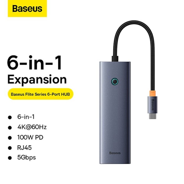 USB-C-hubb - Baseus - UltraJoy - 4K@60Hz - 6 portar - Grå sidereal