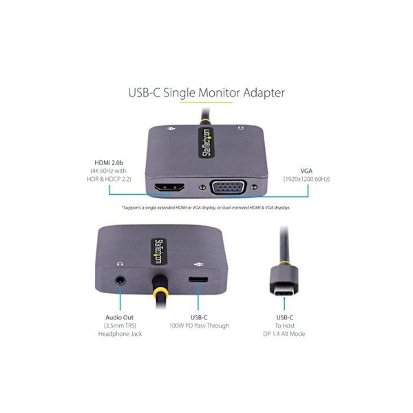 Startech 122-USBC-HDMI-4K-VGA USB C - VGA-HDMI-sovitin Harmaa