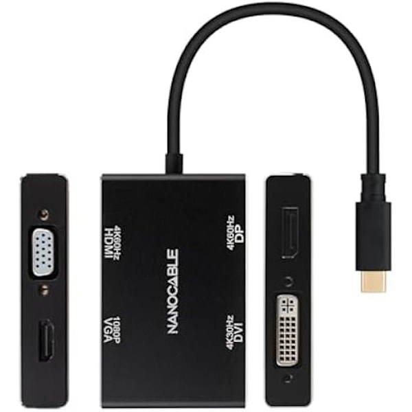 NANOCABLE 10.16.4307 - USB-C han til HDMI + DVI + DisplayPort + VGA-konverter, sort farve, 10 cm