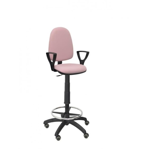 Ergonominen jakkara korkeussäädettävällä pysyvällä kontaktimekanismilla, jalkatuen rengas ja pyörät vaaleanpunaista parkettia