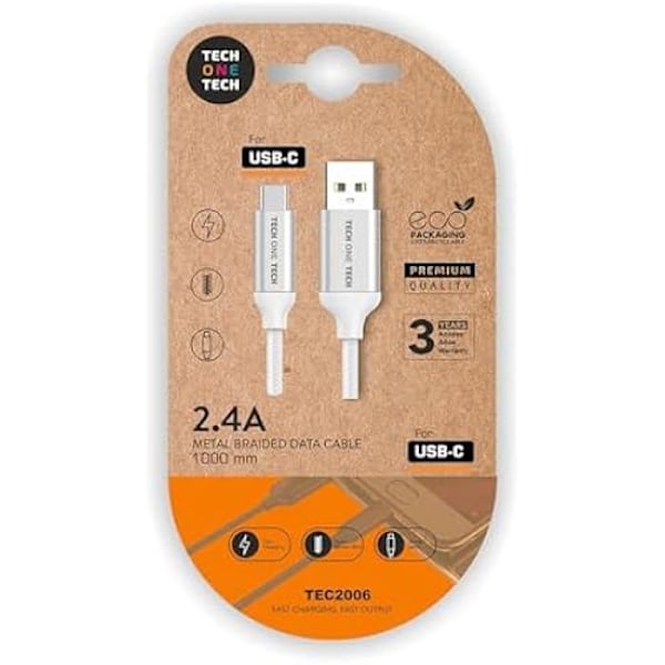 TECH ONE TECH USB 2.0-kabel - TEC2006/ USB Type-C hane till USB hane - 1m - vit Vit