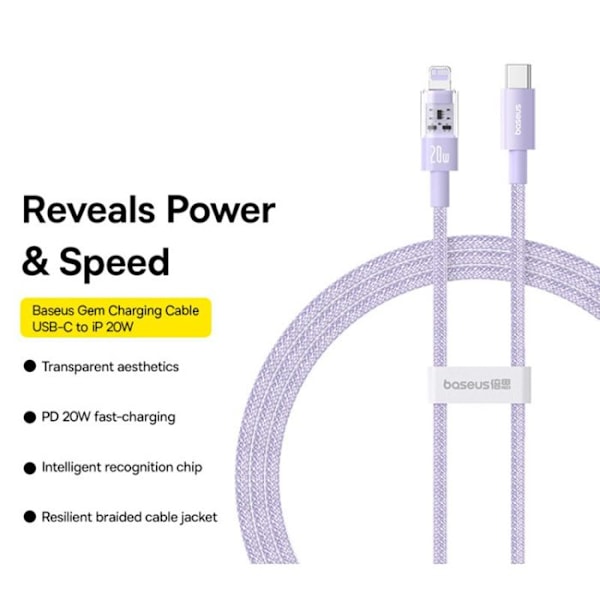 USB-C - Lightning-kaapeli, Nopea Lataus 20W, 2m - Baseus Gem (P10373001511-01) - Nebula Purple