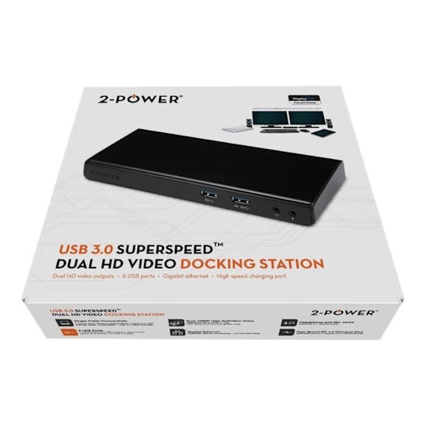 2-Power USB 3.0 Dockningsstation för dubbla skärmar - GigE