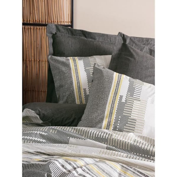 Sengetøj - 1 dynebetræk 220 x 240 cm + 2 pudebetræk 60 x 60 cm - 100% forstærket bomuld - Vison Vision, mörkgrå och gul
