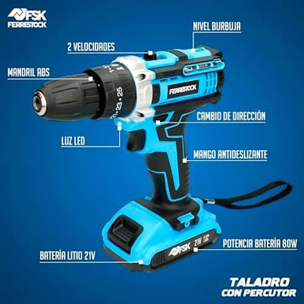Slagborr - FERRESTOCK - 21V modell - Li-ion batteri - 25 tillbehör - 2 hastigheter Flerfärgad