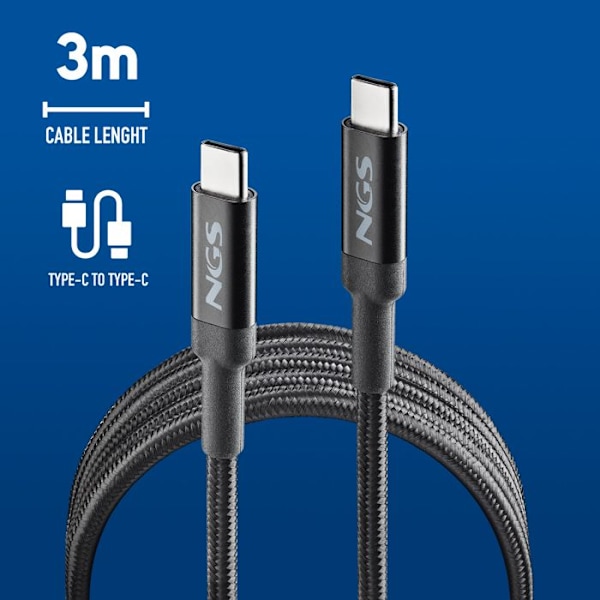NGS KNOT 65W-3: USB-C till USB-C-kabel på 3 m för snabb laddning av enheter upp till 65 W. Hög kompatibilitet. Svart.