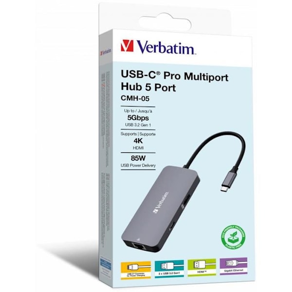 Verbatim USB-C Multiport Adapter - Pro CMH-05 - HDMI, RJ45, USB-A, USB-C PD - Hurtig opladning op til 85 W