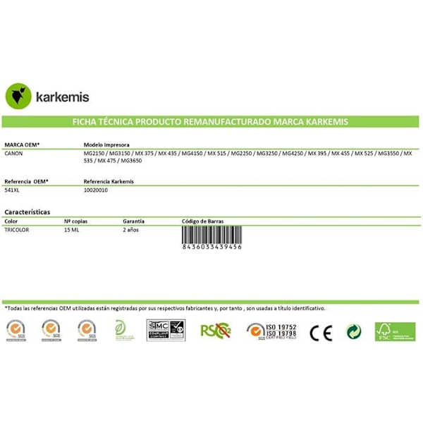 Karkemis blæk - 10020010 - Canon Ink-Jet CL-541XL Tricolor 15 ml genbrugsblækpatron