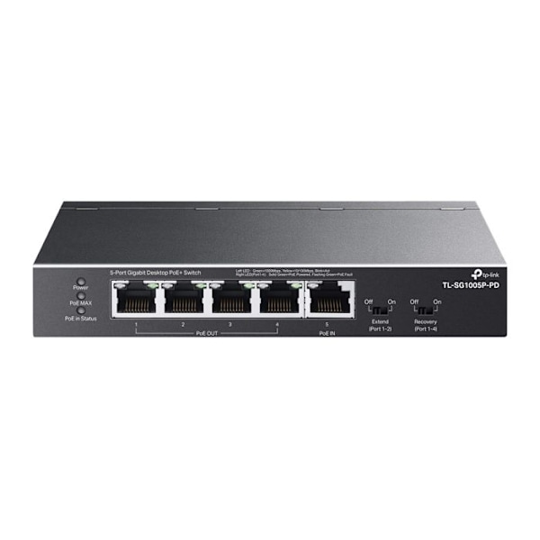TP-Link TL-SG1005P-PD. Grundlæggende RJ-45 Ethernet switching-porte: Gigabit Ethernet (10/100/1000), Antal porte Sort