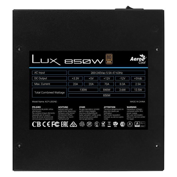 Strömförsörjning för PC - Aerocool - LUX850 - 850W - 80Plus Bronze - Tyst fläkt 12 cm
