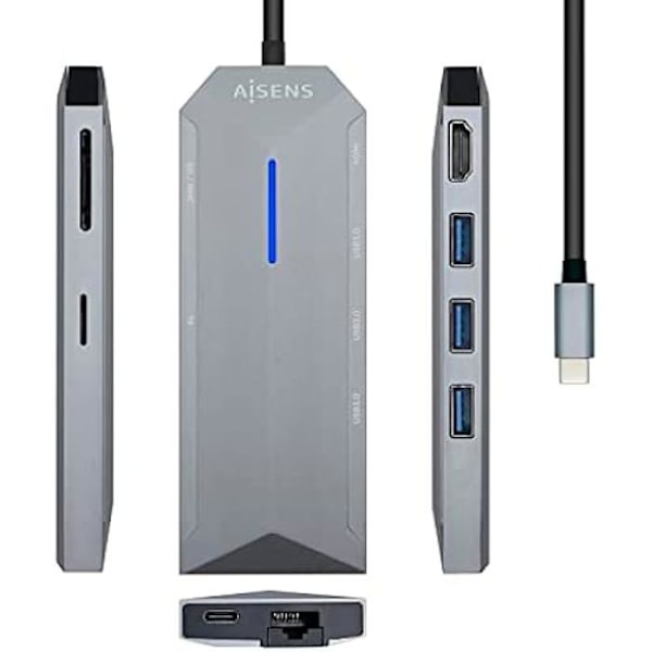 AISENS - USB-C DOCK 8 I 1, USB-C A 1xHDMI, 1xRJ45, 3xUSB, 1xPD, 1xSD, 1xMICRO SD, GRÅ, 15CM