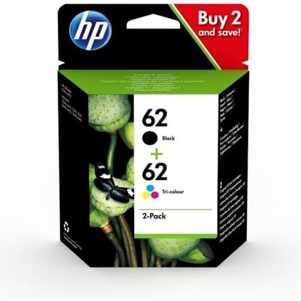 HP 62 2-pack originale sorte og trefarvede blækpatroner (N9J71AE) til Officejet Mobile 250, Envy 5540/5640/7640