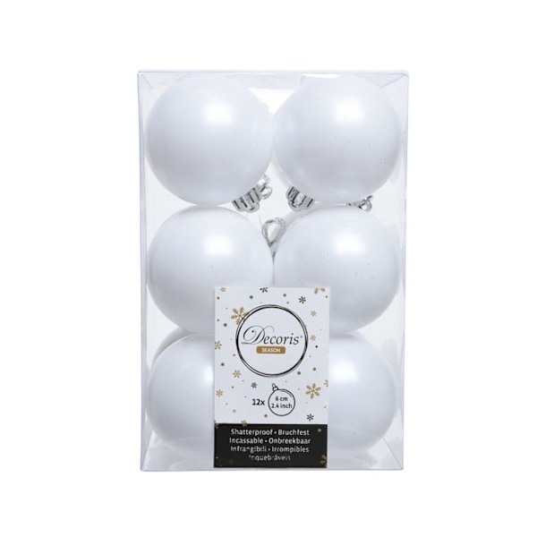 Julgranskulor - Alpint - Set om 12 - Plast - Diameter 6 cm - Vintervit Vit