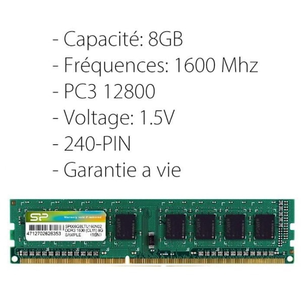 8 GB DDR3 1600 UDIMM-hukommelse - Silicon Power - To rækker - Integreret opsigelse - Livstidsgaranti