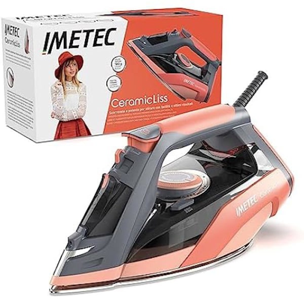 Imetec Ceramicliss, dampstrygejern, let, handy, anti-kalkbeskyttelse, 180 g damp, glidende keramisk strygesål,