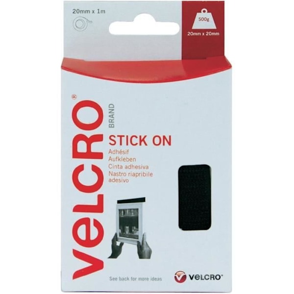Selvklæbende bånd - Velcro - Stick On sort - 1 m x 20 mm - Multi-brug svart