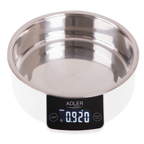 Digitaalinen elektroninen keittiövaaka kulholla, 900 ml, 5 kg (11 lb) TARE Adler AD 3166 Valkoinen Vit