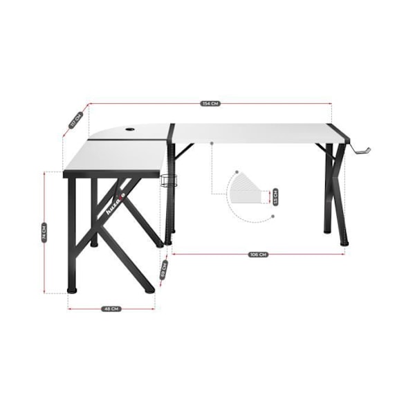 Bureau gaming HUZARO HERO 6.3 Hvid Sort, L-formet skrivebord, 147×112cm, PC Gaming, IT, PC-skrivebord, Ergonomisk, Carbon Vit