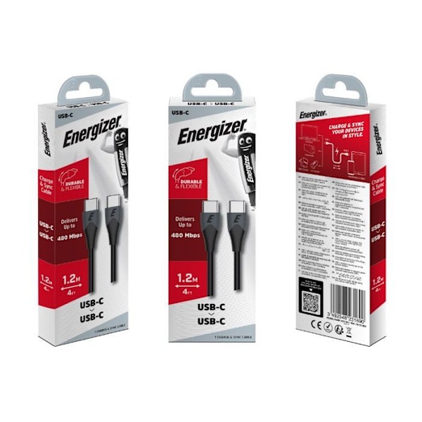 Kaapelitelefonin Energizer - USB-C/USB-C Latauskaapeli 1,2 m - Nopea Latauskaapeli (2,4 A/480 Mbps) - Musta