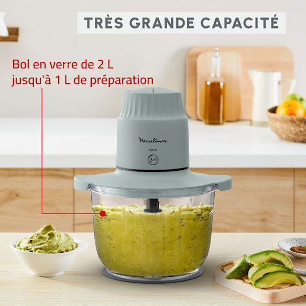Hachoir - Moulinex - Choppeo 3En1 - 500W - Glas Skål - 4 Blade GRÅ