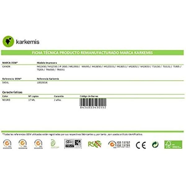 Karkemis – Genbrugt blækpatron Canon Ink-jet PG-545 X L Sort 17 ml REM.