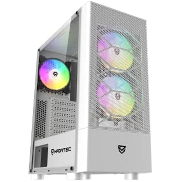 Nfortec - CAELUM Mid Tower Gaming PC -kotelo (ATX), mukana 3 x 120 mm ARGB-tuulettimet, etusäleikkö, karkaistu lasisivut, valkoinen