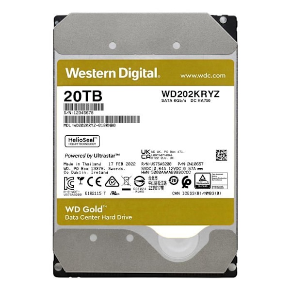 Hårddisk - Western Digital - WD Gold - 20 TB - Intern - 3,5 tum - SATA 6 Gb/s