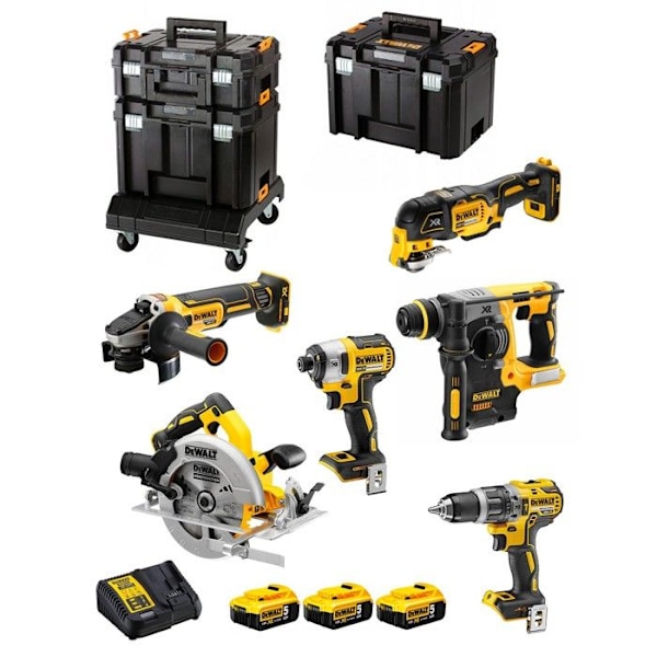 DeWALT Paketti DCK685P3T (DCD796 + DCF887 + DCH273 + DCG405 + DCS570 + DCS355 + 3x5,0Ah + DCB115 + TSTAK II + 2xTSTAK VI + TSTAK-alusta)