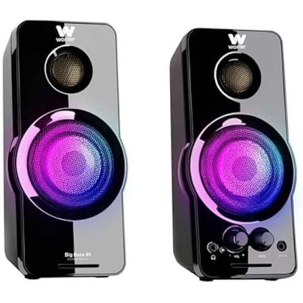 Woxter Big Bass 95 RGB Kraftige 20W multimedie stereohøjttalere, 3,5 mm tilslutning, RGB-belysning, AUX og knapper og porte