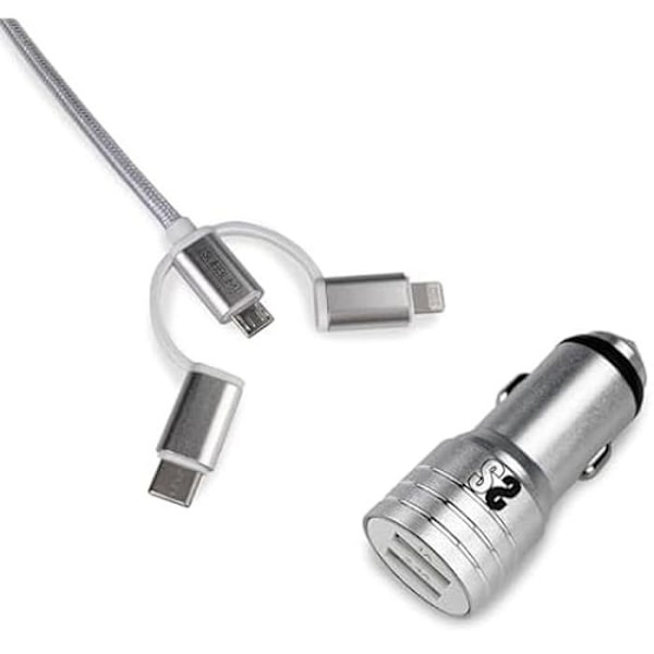 USB Biloplader 2 x USB (2.4A) + 3I1 Sølv SUBBLIM kabel