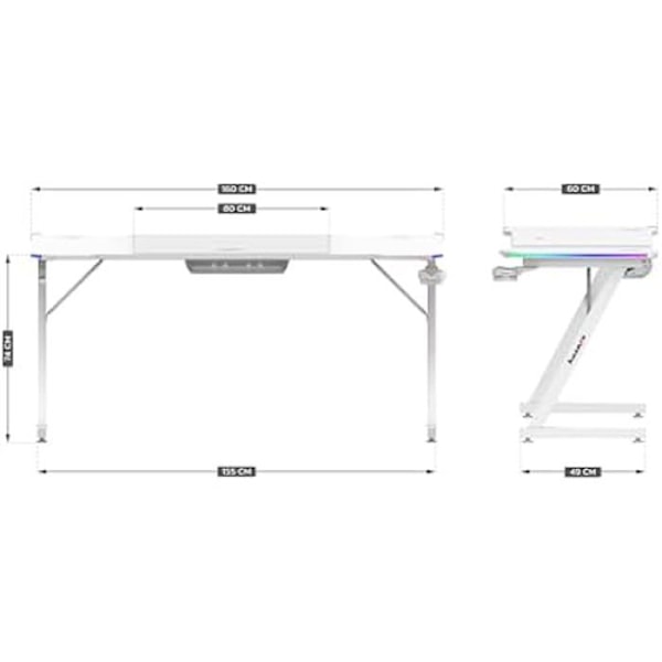 Bureau de jeu HUZARO Hero 4.8 Valkoinen RGB - LED-valaistus, 160 cm pöytä, hiilikuituviimeistely, kuuloketeline ja mukituki, ergonominen Vit
