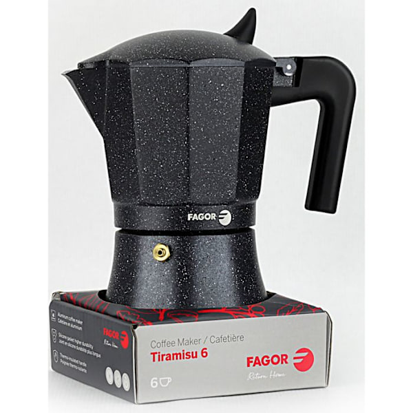 Italiensk Aluminium Espresso Kaffeemaskine, 6 Tasse Kaffe, Vitrokeramisk, Gas FAGOR Tiramisú Sort 00413 Svart