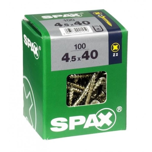 Skrue - SPAX - Forsænket hoved - Diam. 4,5 mm - Længde. 40 mm - Pakke med 100 stk