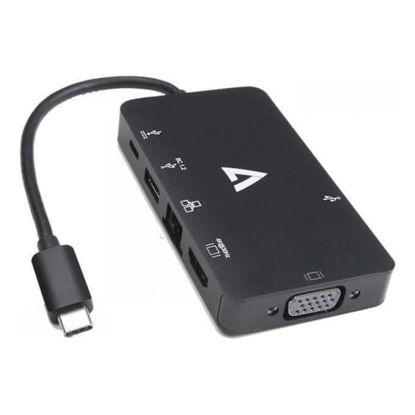USB C-adapter - V7 - USB 3.0 kabel RJ45 HDMI VGA - Sort - Multi-stik - Netværksunderstøttelse