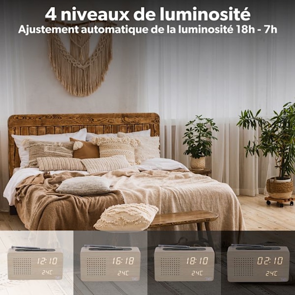 T’nB – Digital väckarklockaradio med LED, 1 programmerbart larm, justerbar belysning, FM-radiostationer – Träfinish