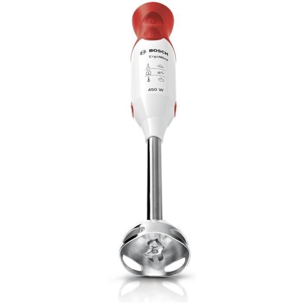BOSCH ErgoMixx MSM64110 stavblender - 450W - Fod i rustfrit stål - 4 skarpe knive - 2 hastigheder - 600 ml gradueret skål - hvid/rød