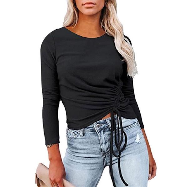 Naisten yksiväriset ohut pusero-joogapuserot, joissa on sivussa kiristysnyöri Tyylikkäät Slim Crop Topit -pusero, musta Svart XXXXXL