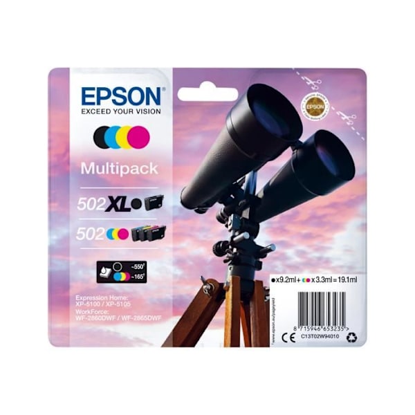 Epson 502-502XL Multipack Pack of 4 19,1 ml musta, keltainen, syaani, magenta alkuperäinen läpipainopakkaus mustepatruuna Expression Home…