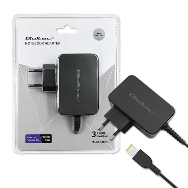 Qoltec strømadapter til Lenovo 45W, 20V, 2.25A - 5901878510354 Sort
