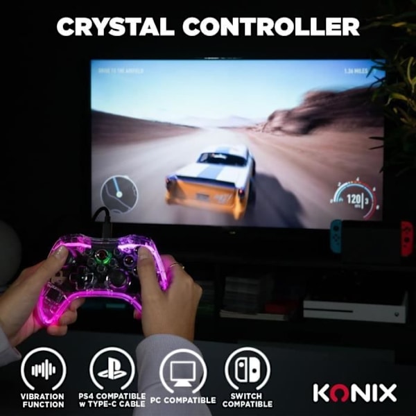 Konix - Langaton Crystal-ohjain Nintendo Switchille, Switch OLED:lle, PC:lle ja PS4:lle 10 justerbara RGB-färger