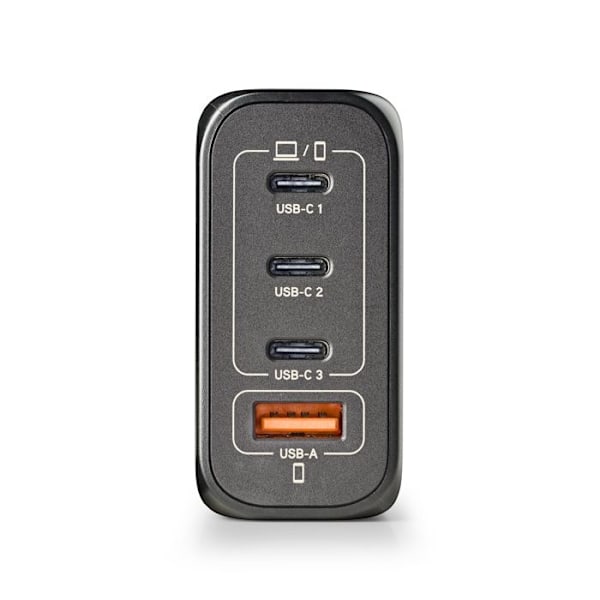 NGS BUD 140W: Universell väggladdare 140W med 4 portar: 3 USB-C + 1 USB-A. Snabb och säker laddning. Samtidig laddning.
