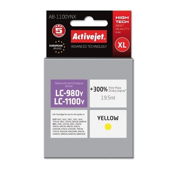 Activejet AB-1100YNX mustepatruuna 1 kpl Yhteensopiva Korkean riittoisuuden (XL) Keltainen