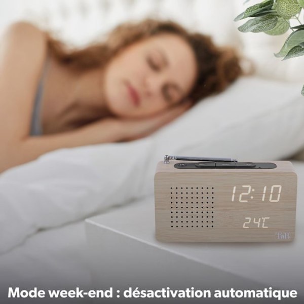 T’nB – Digital väckarklockaradio med LED, 1 programmerbart larm, justerbar belysning, FM-radiostationer – Träfinish