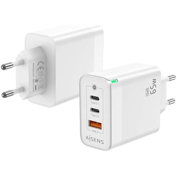 AISENS GAN Oplader 65W 2XUSB-C PD3 0 QC4 0 1XUSB-A QC3 0 Hvid Hvid