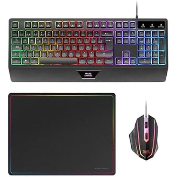 MARSGAMING MCP124, 3 i 1 Gaming Combo, Ergonomisk H-Mech LED RGB-tastatur, HUANO 3200 DPI RGB-mus, nanotekstil-musemåtte Sort