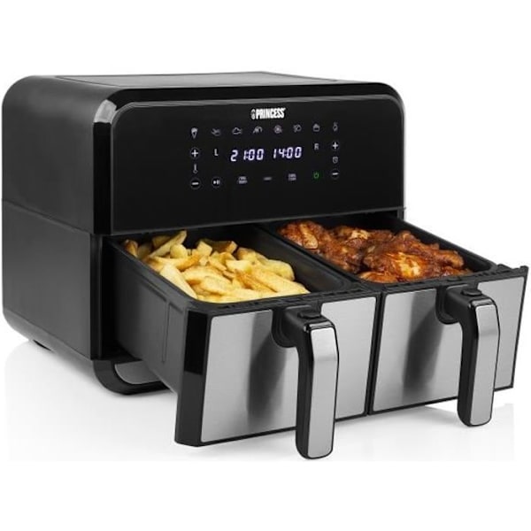 Princess 182074 dobbeltkurv oliefri frituregryde - Kapacitet 2 x 4 liter - 1600 W Sort, Rustfrit stål