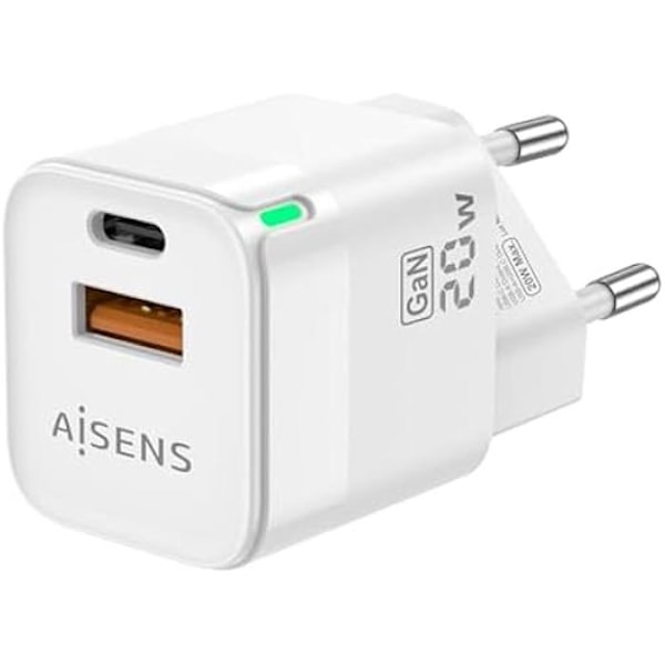 AISENS ASCH-20W2P002-W 20W GaN-oplader - 1XUSB-C PD3.0 QC4.0, 1XUSB-A QC3.0 - Hvid Vit