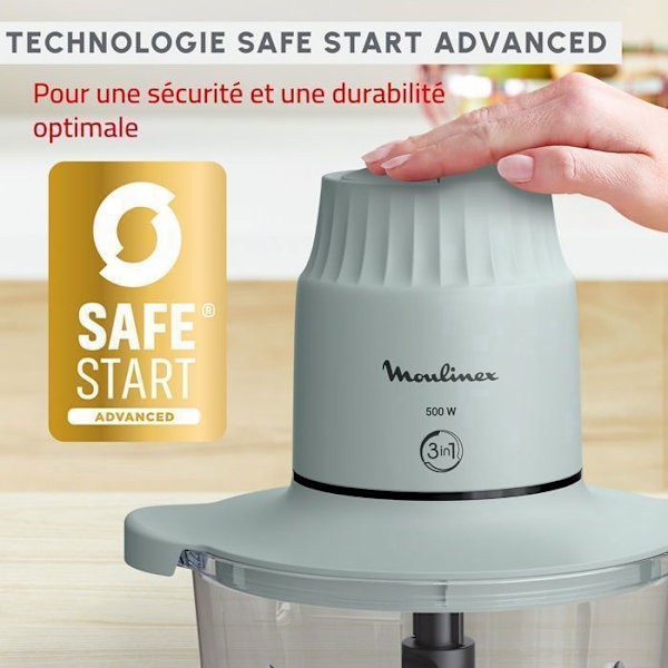 Hachoir - Moulinex - Choppeo 3En1 - 500W - Glas Skål - 4 Blade GRÅ