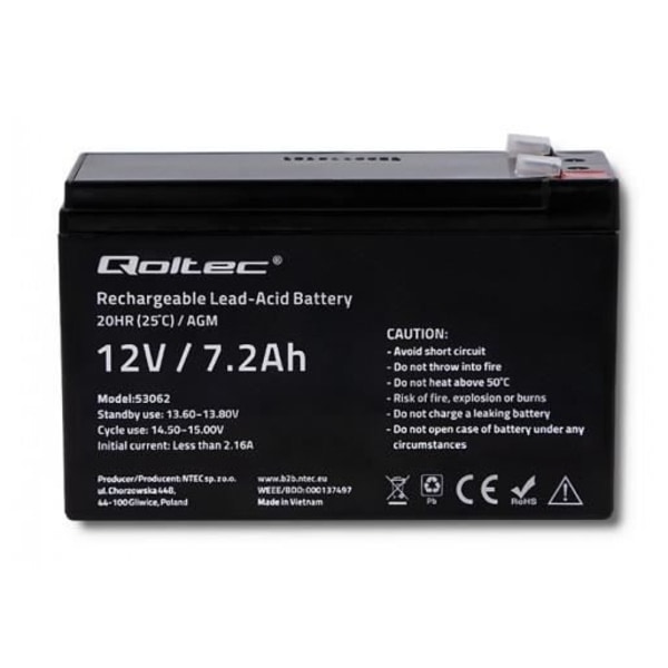 QOLTEC 53062 BATTERI TIL UPS SEALED LEAD ACID (VRLA) 12 V 7,2 A