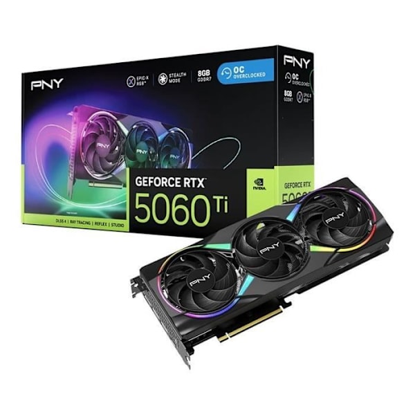 PNY - Grafikkort - GeForce RTX™ 5060 Ti - 8GB - ARGB Overklockad Trippelfläkt DLSS 4 Svart